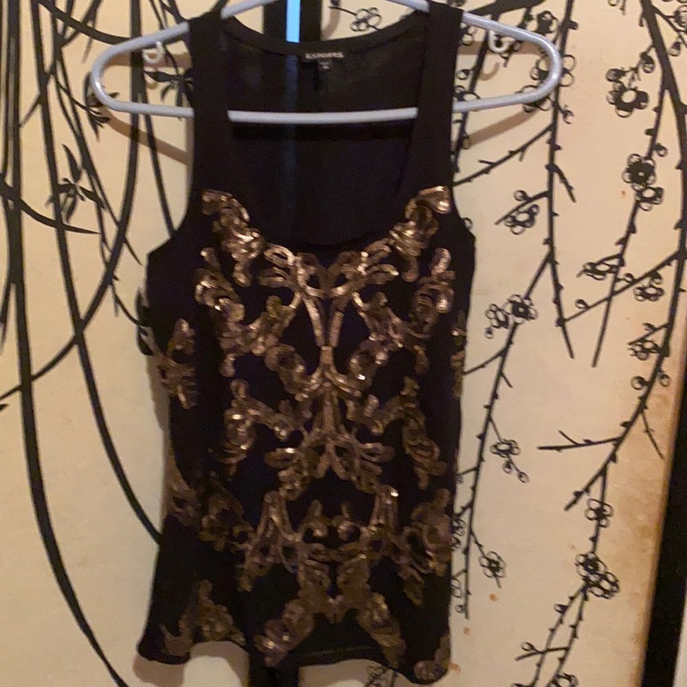 Express Women’s Black W/Gold Sequins Tank Top Lined Shimmer Cami
